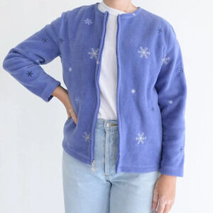Vintage Croft Barrow Blue Fleece Embroidered Snowflake Zip Up Cardigan Sweater M